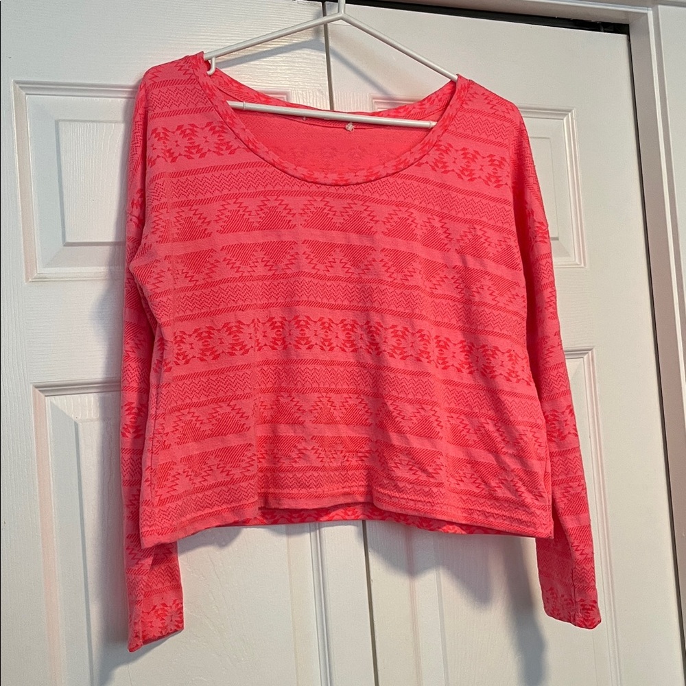 Pink Patterned Long Sleeve Crop Top
